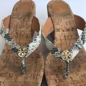 Tory Burch Alligator 🐊 Print Leather Thong Platform Cork Heel Sandals
